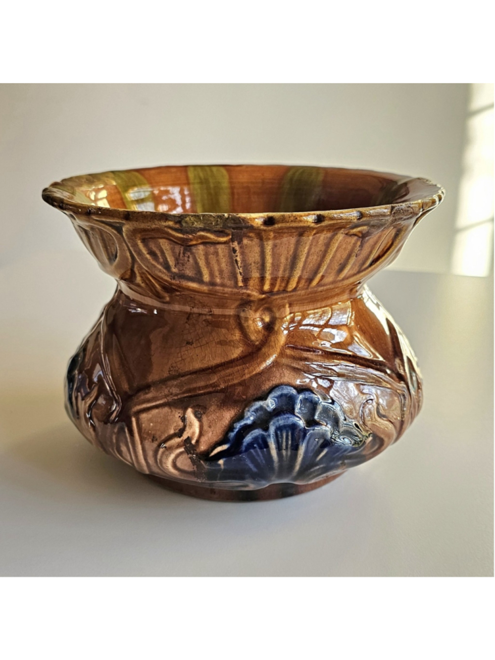 Antique 1920s Majolica Art Pottery Jardiniere Planter - Brown & Green - 7.25"